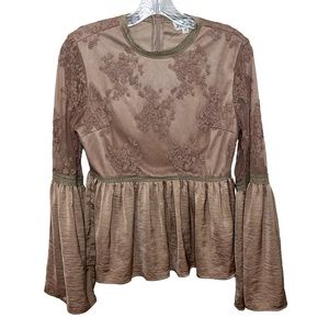 Lace Silky Peplum Top Bell Sleeves Size Medium